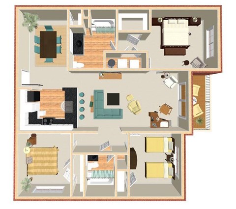 Floor plan for 3 beds, 2 baths, 1383 sqft